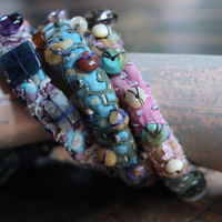 NEW! Set of 3 Antique Kantha Textile Bracelets with Faceted and Polished Gemstones,Kantha Tassel, Antique Buttons