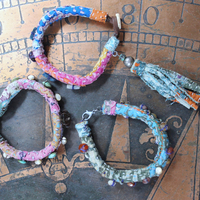 NEW! Set of 3 Antique Kantha Textile Bracelets with Faceted and Polished Gemstones,Kantha Tassel, Antique Buttons