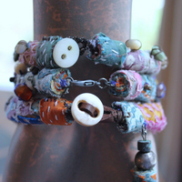 NEW! Set of 3 Antique Kantha Textile Bracelets with Faceted and Polished Gemstones,Kantha Tassel, Antique Buttons