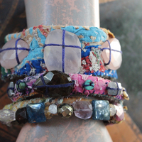 NEW! Set of 3 Antique Kantha Textile Bracelets with Faceted Tourmaline, Faceted and Polished Gemstones,Kantha Tassel, Shell Buttons
