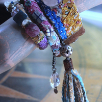 NEW! Set of 3 Antique Kantha Textile Bracelets with Faceted Tourmaline, Faceted and Polished Gemstones,Kantha Tassel, Shell Buttons