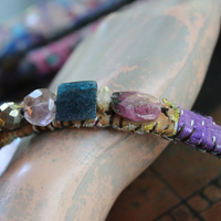 NEW! Set of 3 Antique Kantha Textile Bracelets with Faceted Tourmaline, Faceted and Polished Gemstones,Kantha Tassel, Shell Buttons