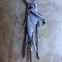 NEW! Divine Bird Necklace with Cast Bird Wing, Unique Chain and Leather Ties, Faceted Smoky Quartz, Vintage Chain Tassel