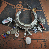 Unique Antique Gypsy Nomad Cuff Bracelet w/Inset Faceted Crystal Stones,Faceted Rock Quartz,2 Miniature Tarot Cards,Red Coral Stick,Found Shells +More!