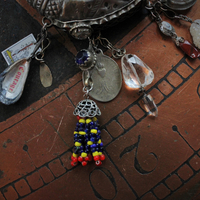 Unique Antique Gypsy Nomad Cuff Bracelet w/Inset Faceted Crystal Stones,Faceted Rock Quartz,2 Miniature Tarot Cards,Red Coral Stick,Found Shells +More!