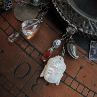 Unique Antique Gypsy Nomad Cuff Bracelet w/Inset Faceted Crystal Stones,Faceted Rock Quartz,2 Miniature Tarot Cards,Red Coral Stick,Found Shells +More!