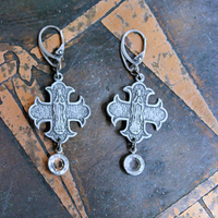 NEW! French Marian Medal Earrings with Vintage Flat Faceted Crystal Drops & Sterling Leverback Earring Wires