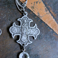 NEW! French Marian Medal Earrings with Vintage Flat Faceted Crystal Drops & Sterling Leverback Earring Wires