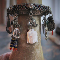 Unique Antique Gypsy Nomad Cuff Bracelet w/Inset Faceted Crystal Stones,Faceted Rock Quartz,2 Miniature Tarot Cards,Red Coral Stick,Found Shells +More!