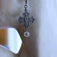 NEW! French Marian Medal Earrings with Vintage Flat Faceted Crystal Drops & Sterling Leverback Earring Wires