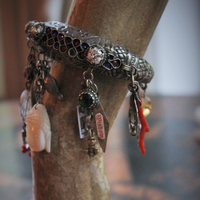 Unique Antique Gypsy Nomad Cuff Bracelet w/Inset Faceted Crystal Stones,Faceted Rock Quartz,2 Miniature Tarot Cards,Red Coral Stick,Found Shells +More!