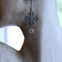 NEW! French Marian Medal Earrings with Vintage Flat Faceted Crystal Drops & Sterling Leverback Earring Wires