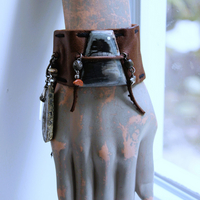 NEW! Unique Leather Cuff Bracelet with Picture Jasper,Sterling Moon, Star & Capped Clear Rock Quartz Point, Druzy Crystal & More!