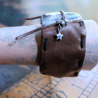NEW! Unique Leather Cuff Bracelet with Picture Jasper,Sterling Moon, Star & Capped Clear Rock Quartz Point, Druzy Crystal & More!