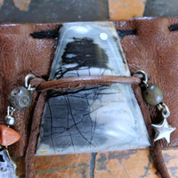 NEW! Unique Leather Cuff Bracelet with Picture Jasper,Sterling Moon, Star & Capped Clear Rock Quartz Point, Druzy Crystal & More!