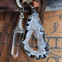 NEW! Unique Leather Cuff Bracelet with Picture Jasper,Sterling Moon, Star & Capped Clear Rock Quartz Point, Druzy Crystal & More!