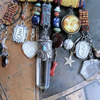 NEW! The Soul Necklace w/Antique Lambani Textile Pouch & Chain, Silver Capped Clear Quartz Point,Star,Moon & Multiple Dangles
