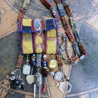 NEW! The Soul Necklace w/Antique Lambani Textile Pouch & Chain, Silver Capped Clear Quartz Point,Star,Moon & Multiple Dangles