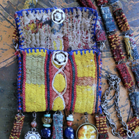 NEW! The Soul Necklace w/Antique Lambani Textile Pouch & Chain, Silver Capped Clear Quartz Point,Star,Moon & Multiple Dangles