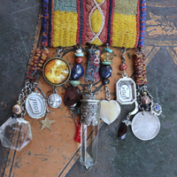 NEW! The Soul Necklace w/Antique Lambani Textile Pouch & Chain, Silver Capped Clear Quartz Point,Star,Moon & Multiple Dangles