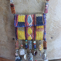 NEW! The Soul Necklace w/Antique Lambani Textile Pouch & Chain, Silver Capped Clear Quartz Point,Star,Moon & Multiple Dangles