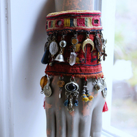 NEW! Antique Lambani Textile Cuff Bracelet Set with Faceted Garnets, Polished Garnet Cabochon Amber, Multiple Dangles & Drops