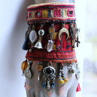 NEW! Antique Lambani Textile Cuff Bracelet Set with Faceted Garnets, Polished Garnet Cabochon Amber, Multiple Dangles & Drops