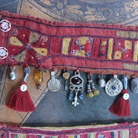 NEW! Antique Lambani Textile Cuff Bracelet Set with Faceted Garnets, Polished Garnet Cabochon Amber, Multiple Dangles & Drops