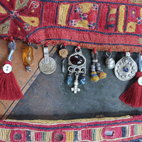 NEW! Antique Lambani Textile Cuff Bracelet Set with Faceted Garnets, Polished Garnet Cabochon Amber, Multiple Dangles & Drops
