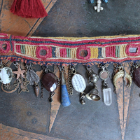 NEW! Antique Lambani Textile Cuff Bracelet Set with Faceted Garnets, Polished Garnet Cabochon Amber, Multiple Dangles & Drops