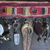 NEW! Antique Lambani Textile Cuff Bracelet Set with Faceted Garnets, Polished Garnet Cabochon Amber, Multiple Dangles & Drops