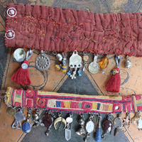 NEW! Antique Lambani Textile Cuff Bracelet Set with Faceted Garnets, Polished Garnet Cabochon Amber, Multiple Dangles & Drops