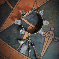 The Swords of Love Antique Gypsy Bracelet w/Crystal Rock Quartz Points,Sterling Engraved 3 Swords Tarot Medal,Faceted Rock Quartz,Antique Sterling Tassel + More!