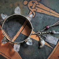 The Swords of Love Antique Gypsy Bracelet w/Crystal Rock Quartz Points,Sterling Engraved 3 Swords Tarot Medal,Faceted Rock Quartz,Antique Sterling Tassel + More!