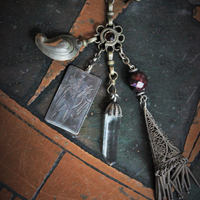 The Swords of Love Antique Gypsy Bracelet w/Crystal Rock Quartz Points,Sterling Engraved 3 Swords Tarot Medal,Faceted Rock Quartz,Antique Sterling Tassel + More!