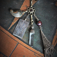 The Swords of Love Antique Gypsy Bracelet w/Crystal Rock Quartz Points,Sterling Engraved 3 Swords Tarot Medal,Faceted Rock Quartz,Antique Sterling Tassel + More!