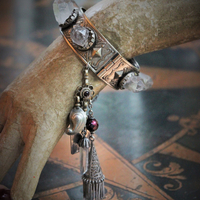 The Swords of Love Antique Gypsy Bracelet w/Crystal Rock Quartz Points,Sterling Engraved 3 Swords Tarot Medal,Faceted Rock Quartz,Antique Sterling Tassel + More!