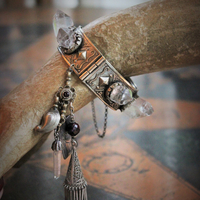 The Swords of Love Antique Gypsy Bracelet w/Crystal Rock Quartz Points,Sterling Engraved 3 Swords Tarot Medal,Faceted Rock Quartz,Antique Sterling Tassel + More!