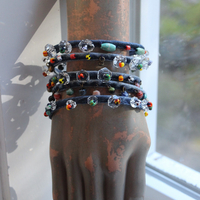 NEW! Unique 5 Coil Wrap Bracelet w/Vintage Denim,Antique Faceted Crystal Beads,Vintage Beads,Tiny Heishi Beads Tassel & Turquoise Beads