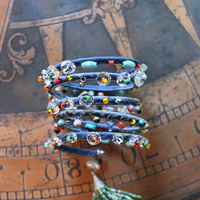NEW! Unique 5 Coil Wrap Bracelet w/Vintage Denim,Antique Faceted Crystal Beads,Vintage Beads,Tiny Heishi Beads Tassel & Turquoise Beads