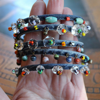 NEW! Unique 5 Coil Wrap Bracelet w/Vintage Denim,Antique Faceted Crystal Beads,Vintage Beads,Tiny Heishi Beads Tassel & Turquoise Beads