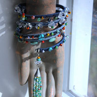 NEW! Unique 5 Coil Wrap Bracelet w/Vintage Denim,Antique Faceted Crystal Beads,Vintage Beads,Tiny Heishi Beads Tassel & Turquoise Beads