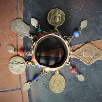 Amazing Antique Kuchi Gypsy Gold Ring w/Antique French Medals,Tiny Gypsy Bead and Heart Drops