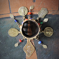 Amazing Antique Kuchi Gypsy Gold Ring w/Antique French Medals,Tiny Gypsy Bead and Heart Drops