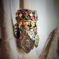 Amazing Antique Kuchi Gypsy Gold Ring w/Antique French Medals,Tiny Gypsy Bead and Heart Drops