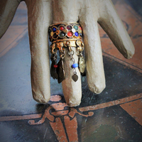Amazing Antique Kuchi Gypsy Gold Ring w/Antique French Medals,Tiny Gypsy Bead and Heart Drops