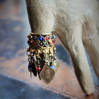 Amazing Antique Kuchi Gypsy Gold Ring w/Antique French Medals,Tiny Gypsy Bead and Heart Drops