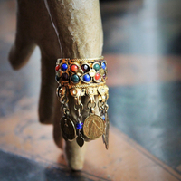 Amazing Antique Kuchi Gypsy Gold Ring w/Antique French Medals,Tiny Gypsy Bead and Heart Drops