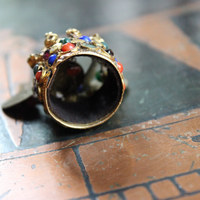 Amazing Antique Kuchi Gypsy Gold Ring w/Antique French Medals,Tiny Gypsy Bead and Heart Drops