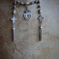 Fill my Heart with Your Love Necklace w/Antique Engraved French Crosses,Antique French Double Crowned Heart Medal, Antique Foxtail Chain Tassels